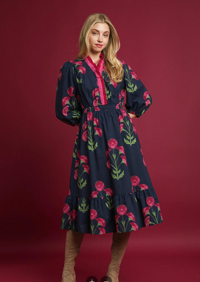 Floral Midi Dress with Ruffle Trim and Elastic Waist