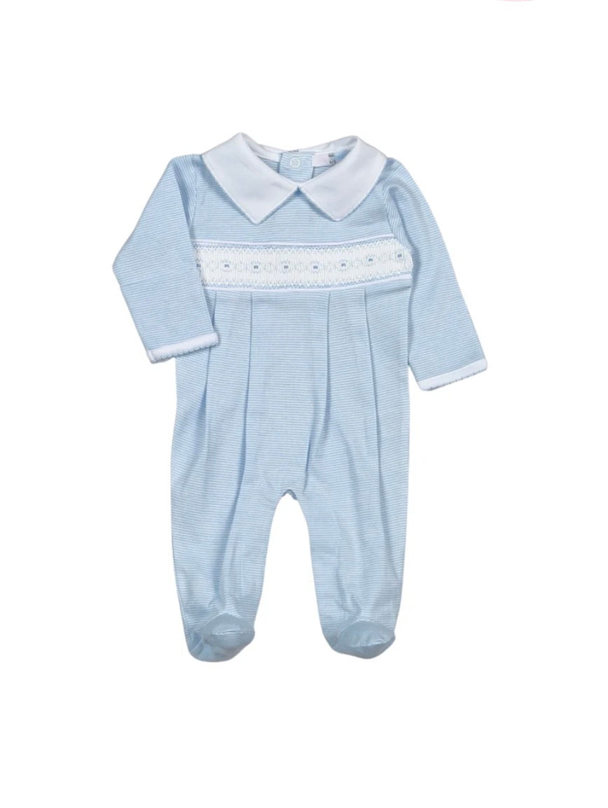 Baby Loren Tim Blue Stripes Hand Smocked Pima Footie