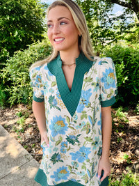 Floral print short puff sleeve pullover mini dress