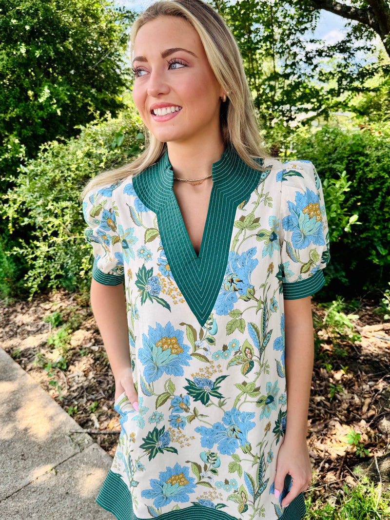 Floral print short puff sleeve pullover mini dress