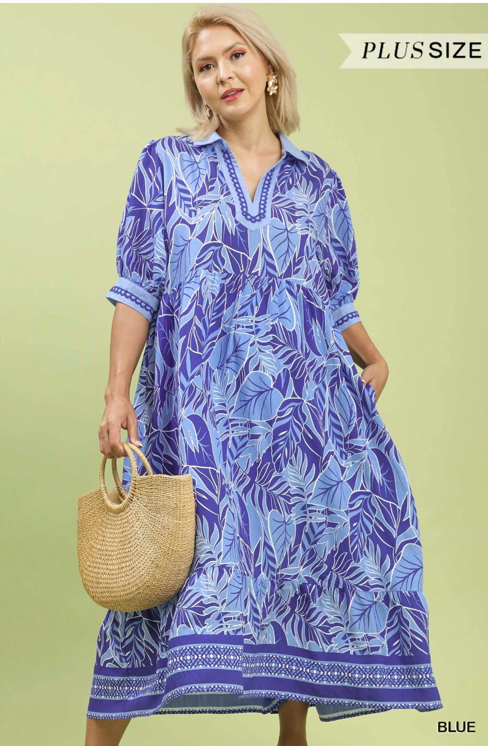 Leafy Border Print V-Neck Midi Dress