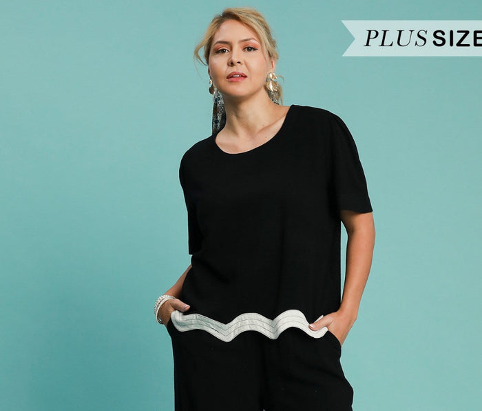 Linen Blend Round Neck Top Scalloped Hem