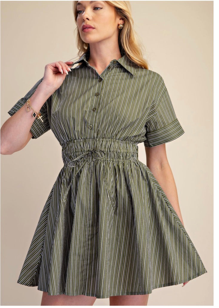 Mini Stripe Shirt Dress Collar Neck Waist Elastic