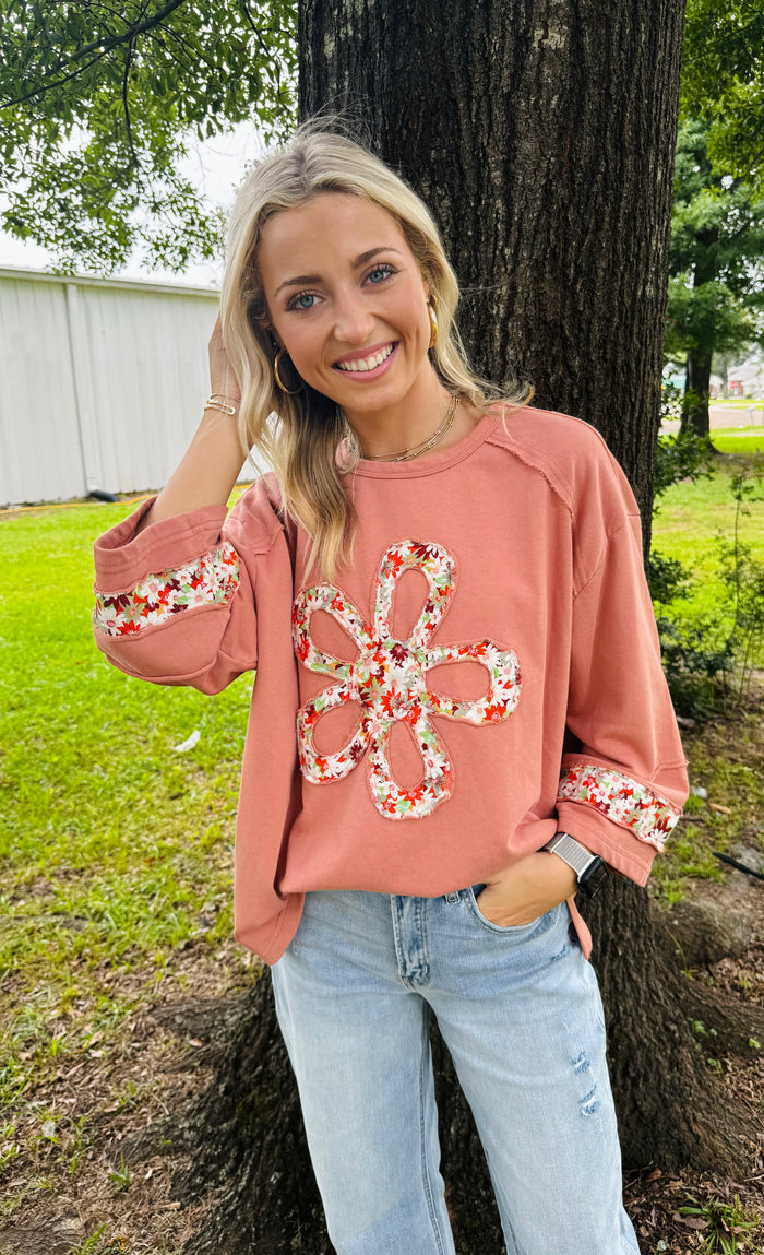 FLOWER PATCH FRONT TERRY KNIT TOP