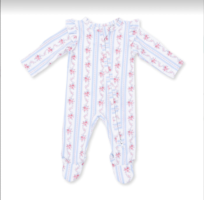 Angel Dear Anna Floral Stripe - 2 Way Ruffle Sleeve Zipper Footie
