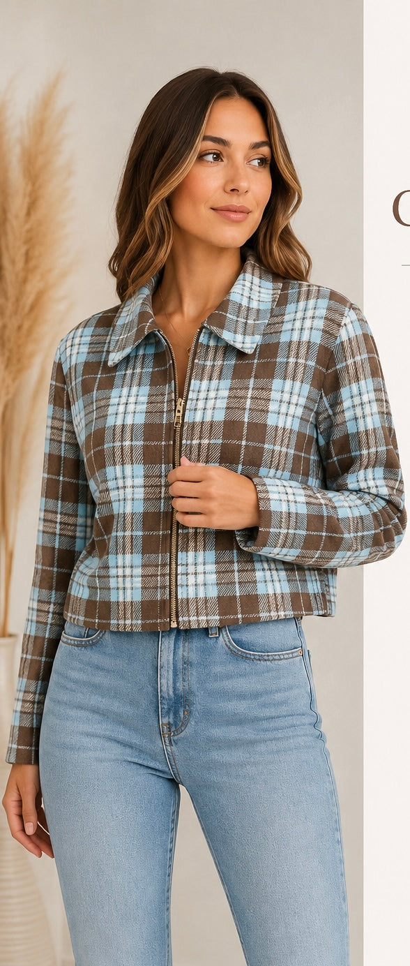 Plaid Crop Zip Up Jacket