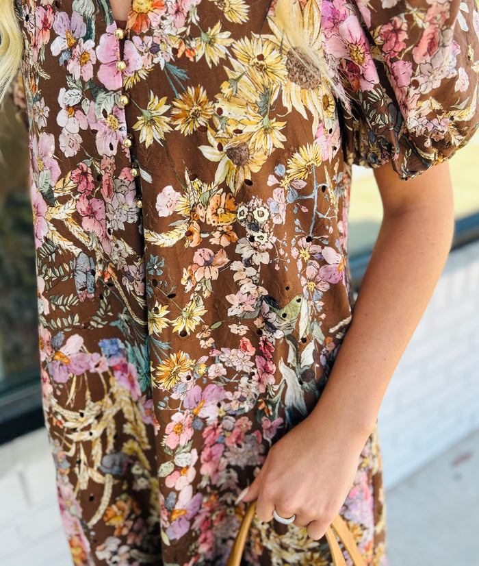 Floral eyelet short puff sleeve midi dress