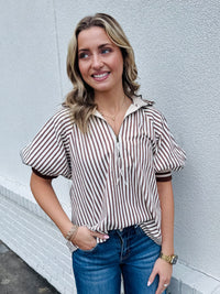 Stripe pattern half-zip closure short puff sleeve top