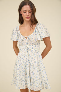 FRONT TIE GATHERED WAIST SLEEVELESS MINI DRESS