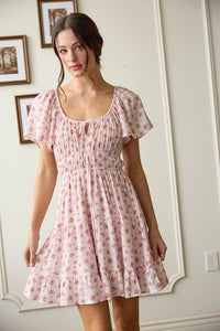FRONT TIE GATHERED WAIST SLEEVELESS MINI DRESS
