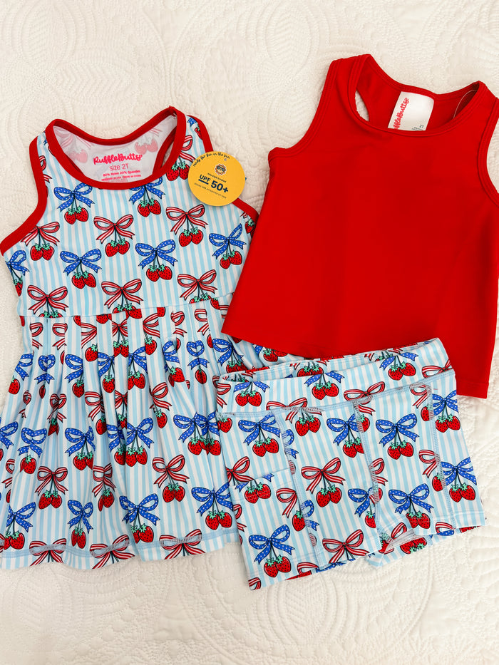 RuffleButts Sleeveless Zip Ruffle Sleeve Active Dress Berries & Bows