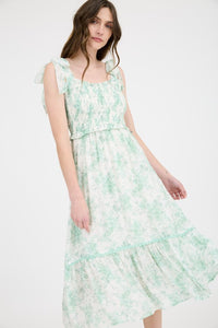FLORAL SMOCKED SWEETHEART RUFFLE TRIM MIDI DRESS