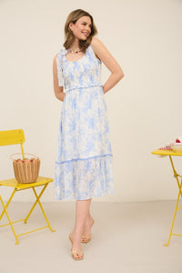 FLORAL SMOCKED SWEETHEART RUFFLE TRIM MIDI DRESS