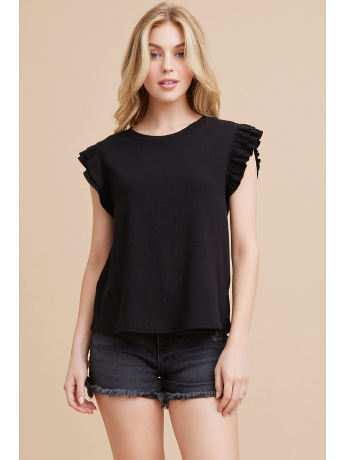 Ribbed top with a U-neck, and ruffled cap shoulder