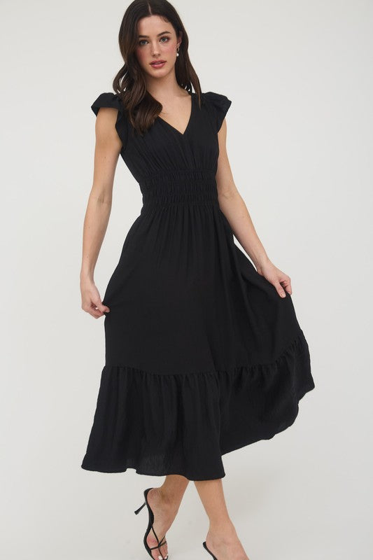 V NECK RUFFLE DETAIL SHIRRED WAIST MIDI DRESS