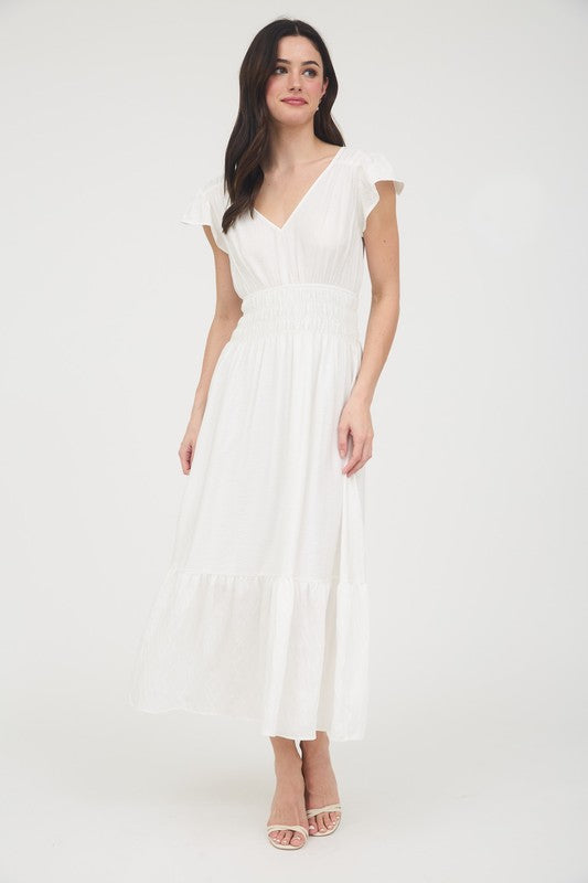 V NECK RUFFLE DETAIL SHIRRED WAIST MIDI DRESS