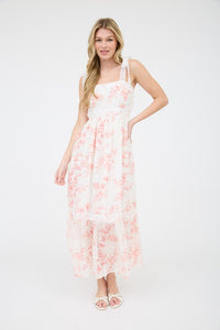 POLKA DOT FLORAL EYELET LACE TRIM MIDI DRESS