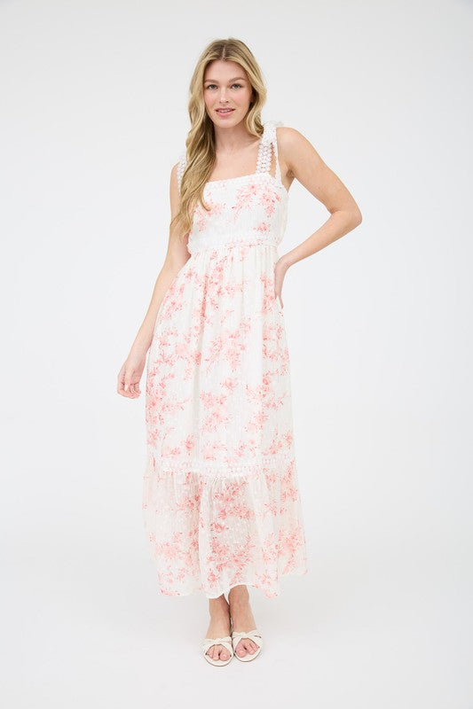 POLKA DOT FLORAL EYELET LACE TRIM MIDI DRESS