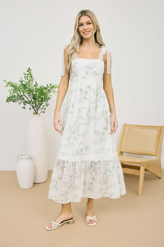 POLKA DOT FLORAL EYELET LACE TRIM MIDI DRESS