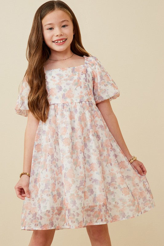 Girls Watercolor Print Smocked Back Trumpet Dress