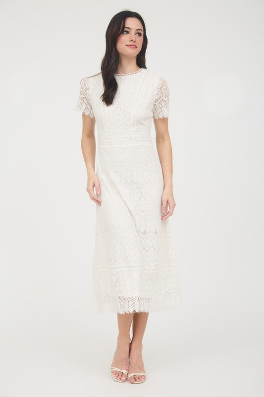 LACE PATTERN ROUND NECK SHORT SLEEVE MIDI DRESS
