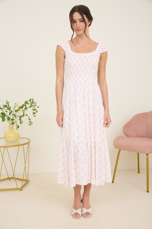 BOW PATTERN RUCHED SLEEVE SMOCKED MIDI DRESS