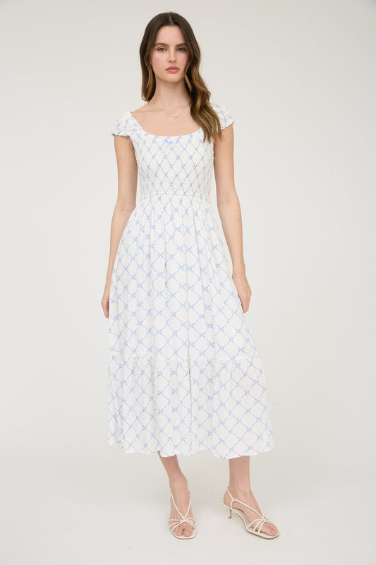 BOW PATTERN RUCHED SLEEVE SMOCKED MIDI DRESS