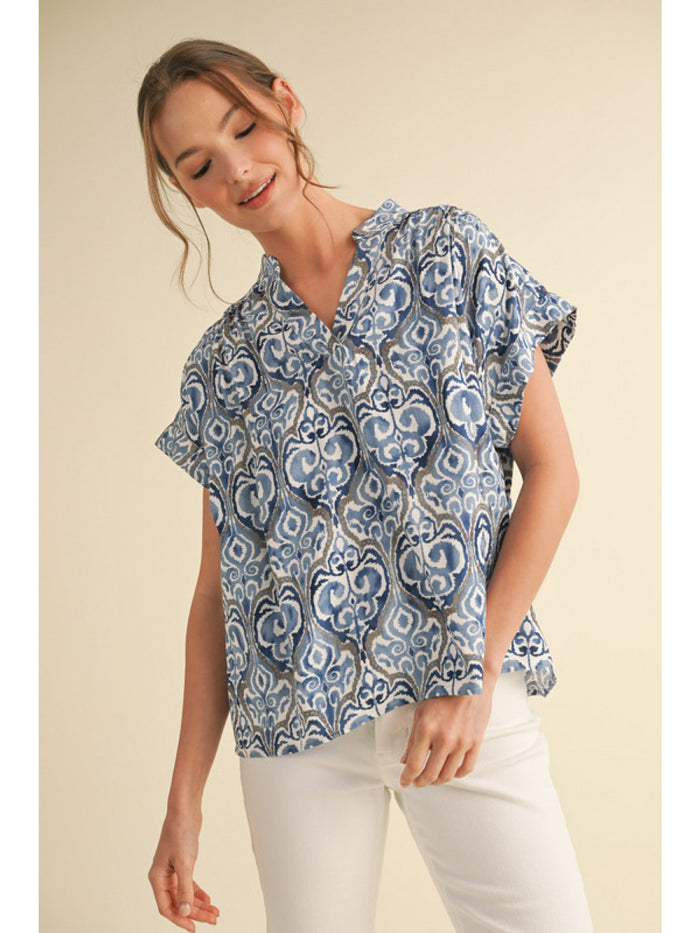 Ethic print top with split stand-up collared neck