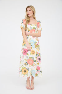 FLORAL PRINT SHORT PUFF SLEEVE A-LINE MIDI DRESS