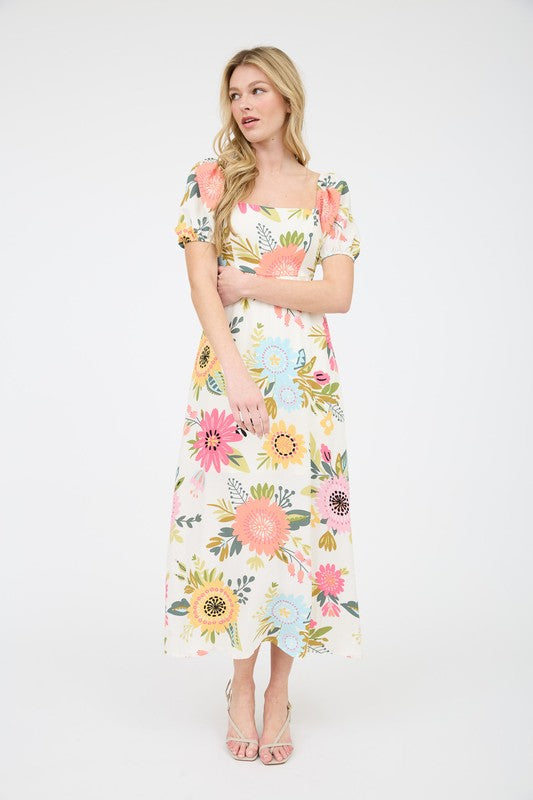 FLORAL PRINT SHORT PUFF SLEEVE A-LINE MIDI DRESS