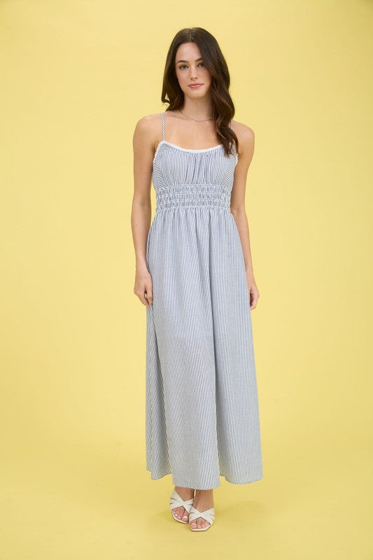 STRIPE LACE TRIM SPAGHETTI STRAP MIDI DRESS