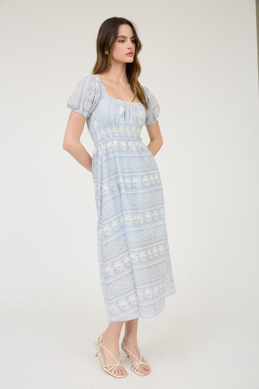 STRIPE FLORAL EMBROIDERY DETAIL MAXI DRESS