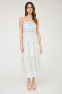 FLORAL BOW PATTERN SPAGHETTI STRAP MIDI DRESS