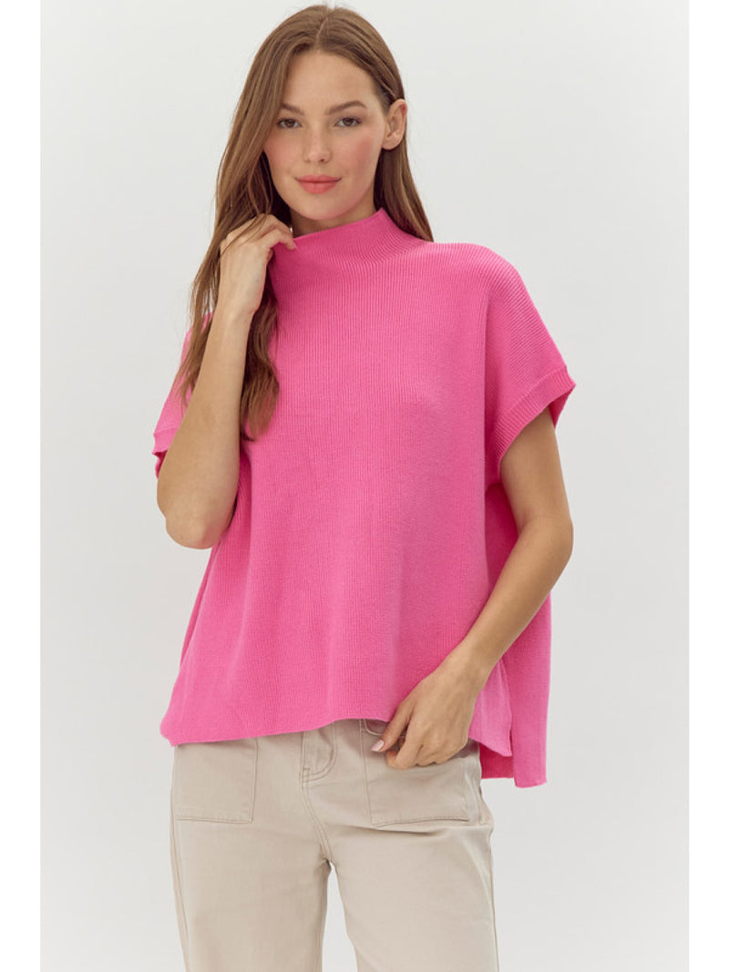 Ribbed knit top with mock neck, short dolman sleeves, side and cuffs slit detail