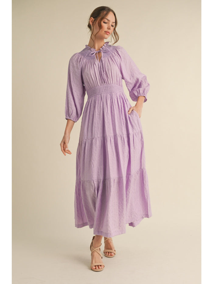 Ripple maxi dress with frilled tie neck