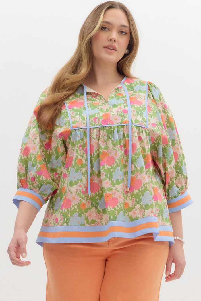 Floral print cuff band ¾ sleeve pullover top