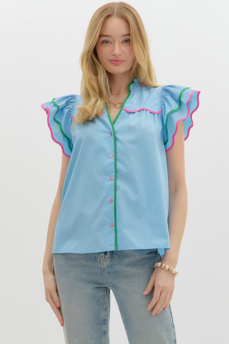 Solid tiered flutter sleeve ruffled band collar button closure top