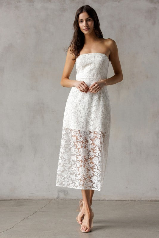 Strapless lace midi dress