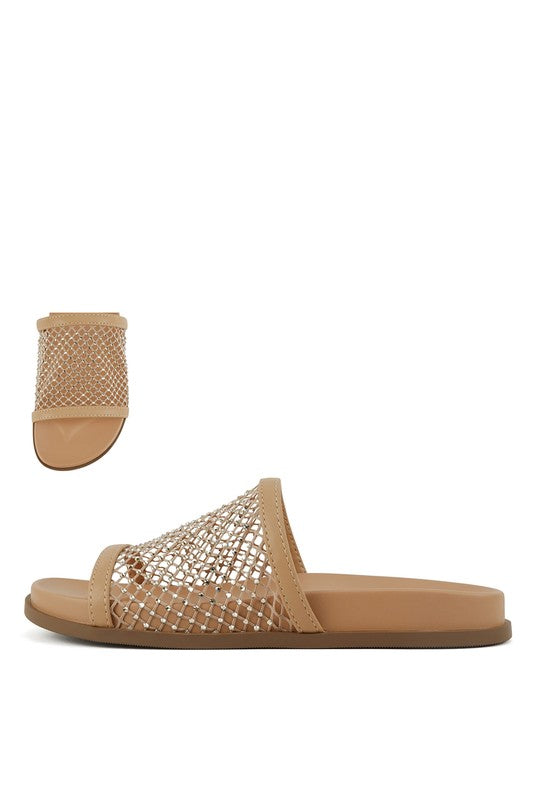 Rhinestone Mesh Strap, Slide Sandal
