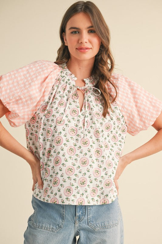 Contrast Print Bubble Sleeve Top