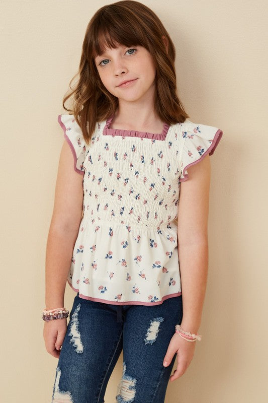 Girls Contrast Piped Smocked Ditsy Floral Top