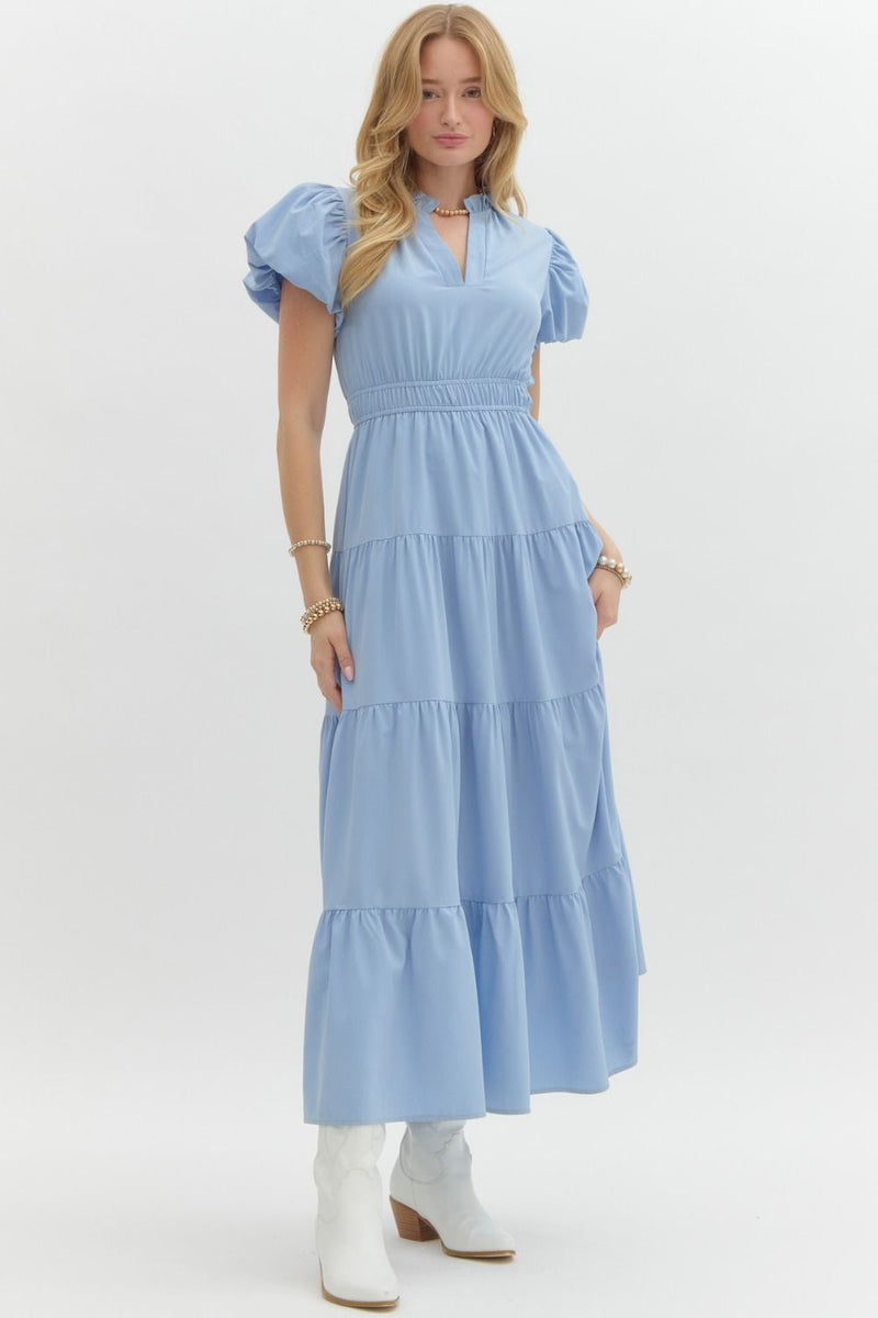 Solid split v-neck under ruffled round neck pullover tiered midi dress