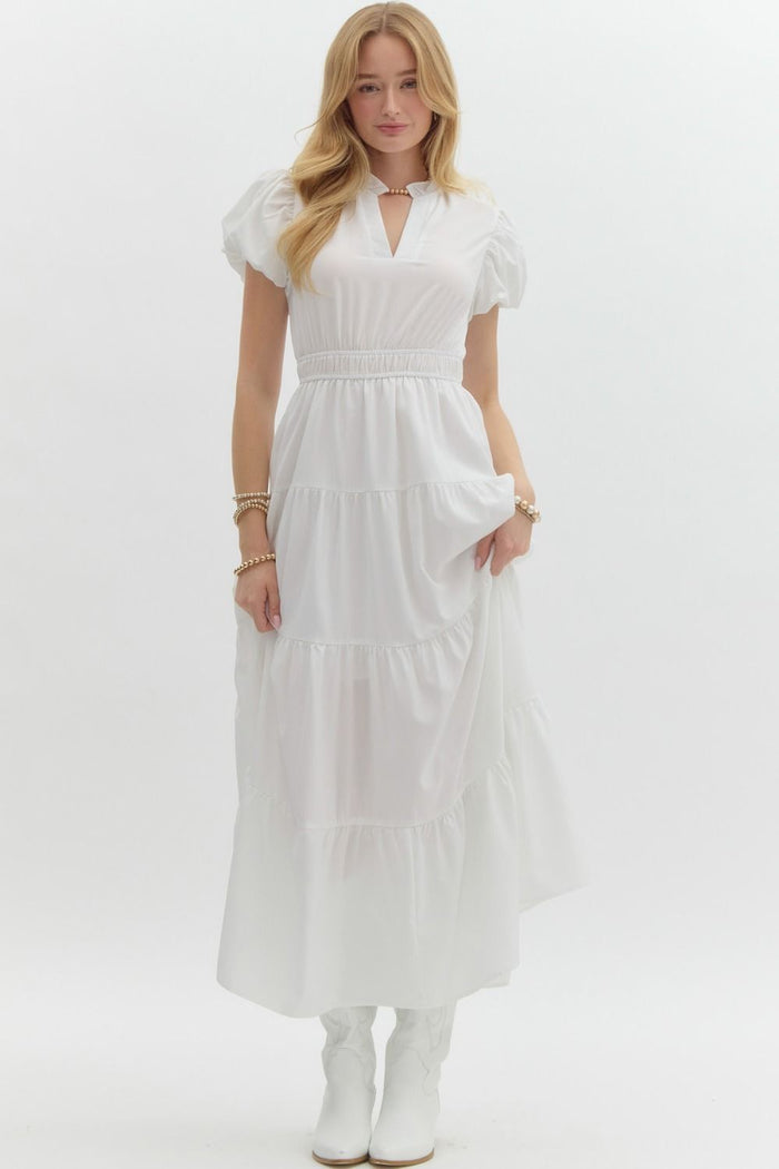 Solid split v-neck under ruffled round neck pullover tiered midi dress