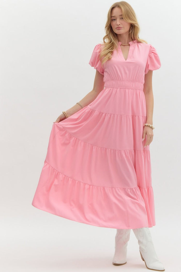 Solid split v-neck under ruffled round neck pullover tiered midi dress