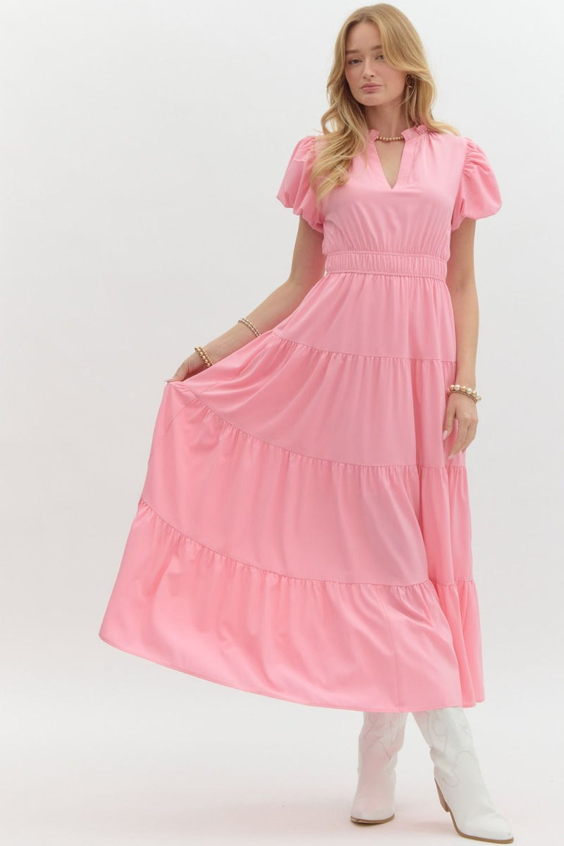 Solid split v-neck under ruffled round neck pullover tiered midi dress