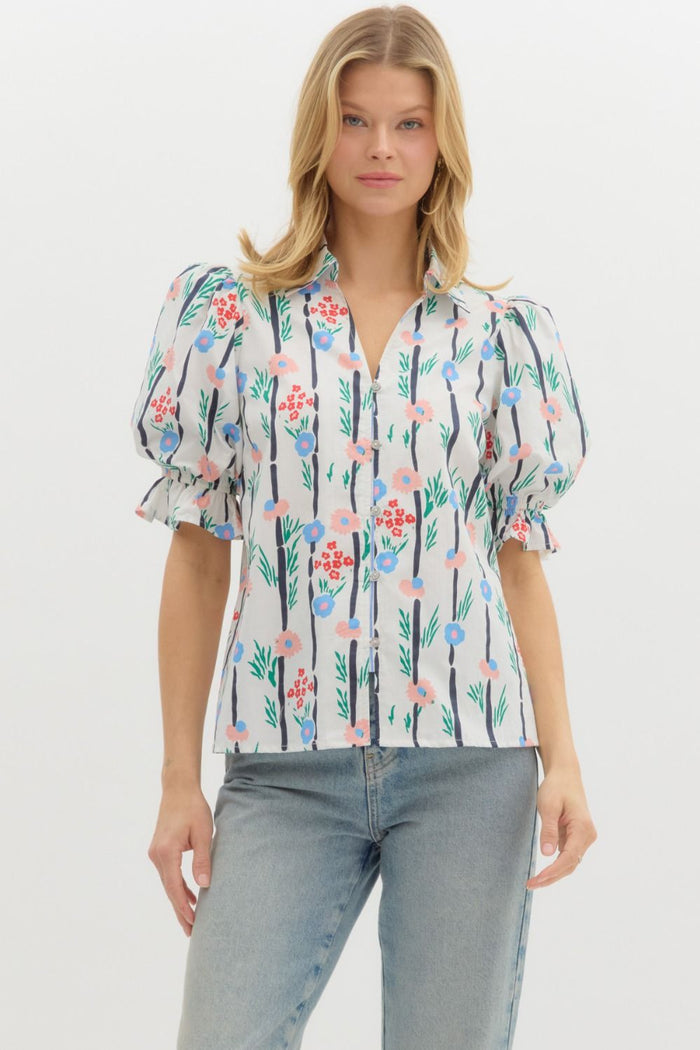 Floral print spread collar button front closure top