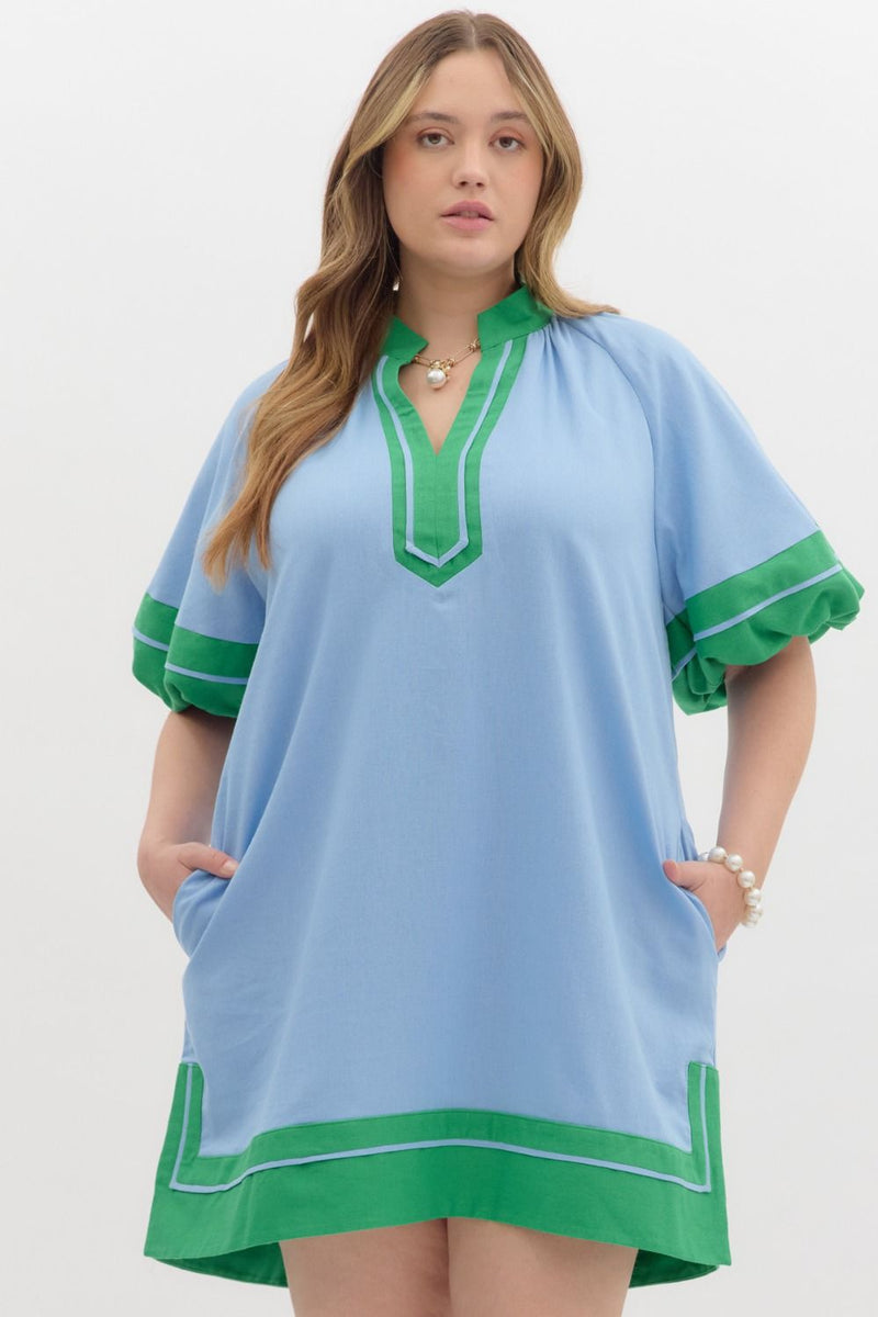 Solid contrast accented short lantern sleeves pullover mini dress