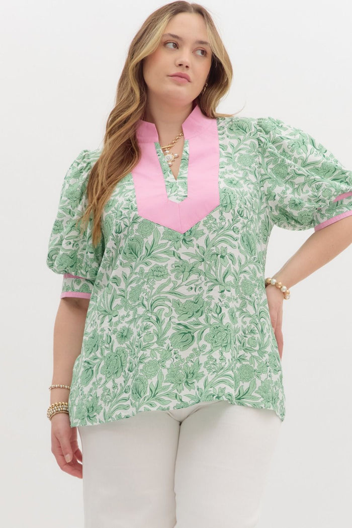 Floral print short voluminous puff sleeve pullover top