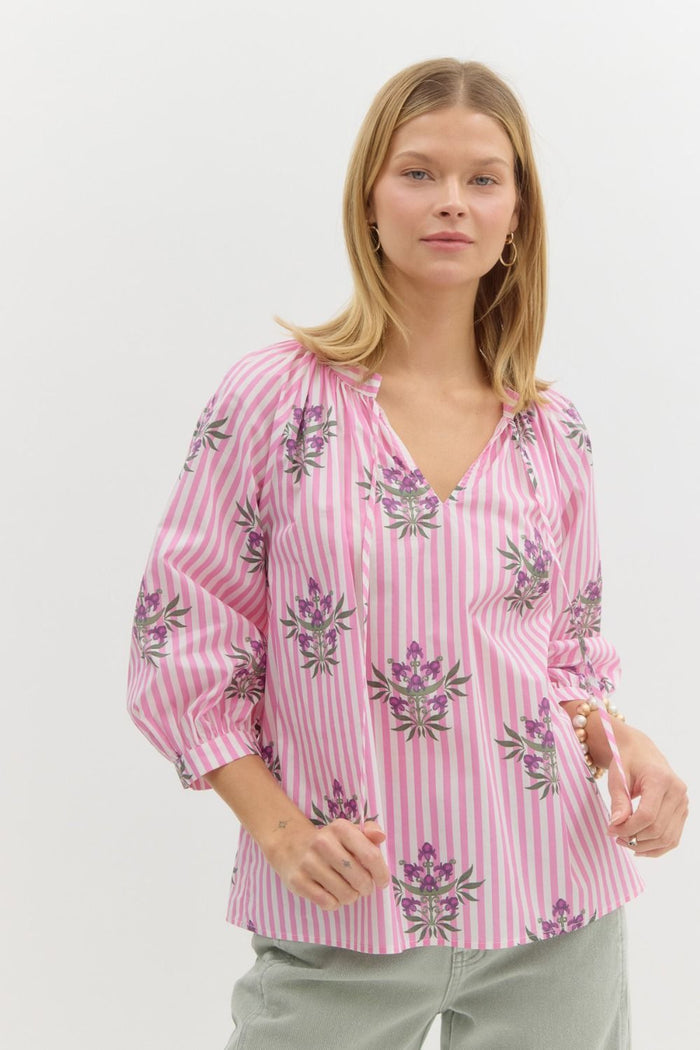Striped floral print band cuff ¾ sleeve pullover top