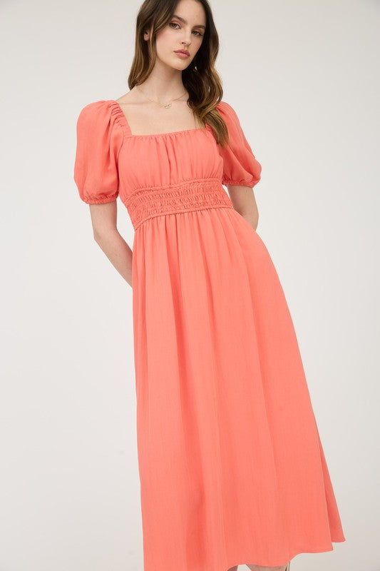 Solid Smocked Waist Balloon Sleeve Midi Dress